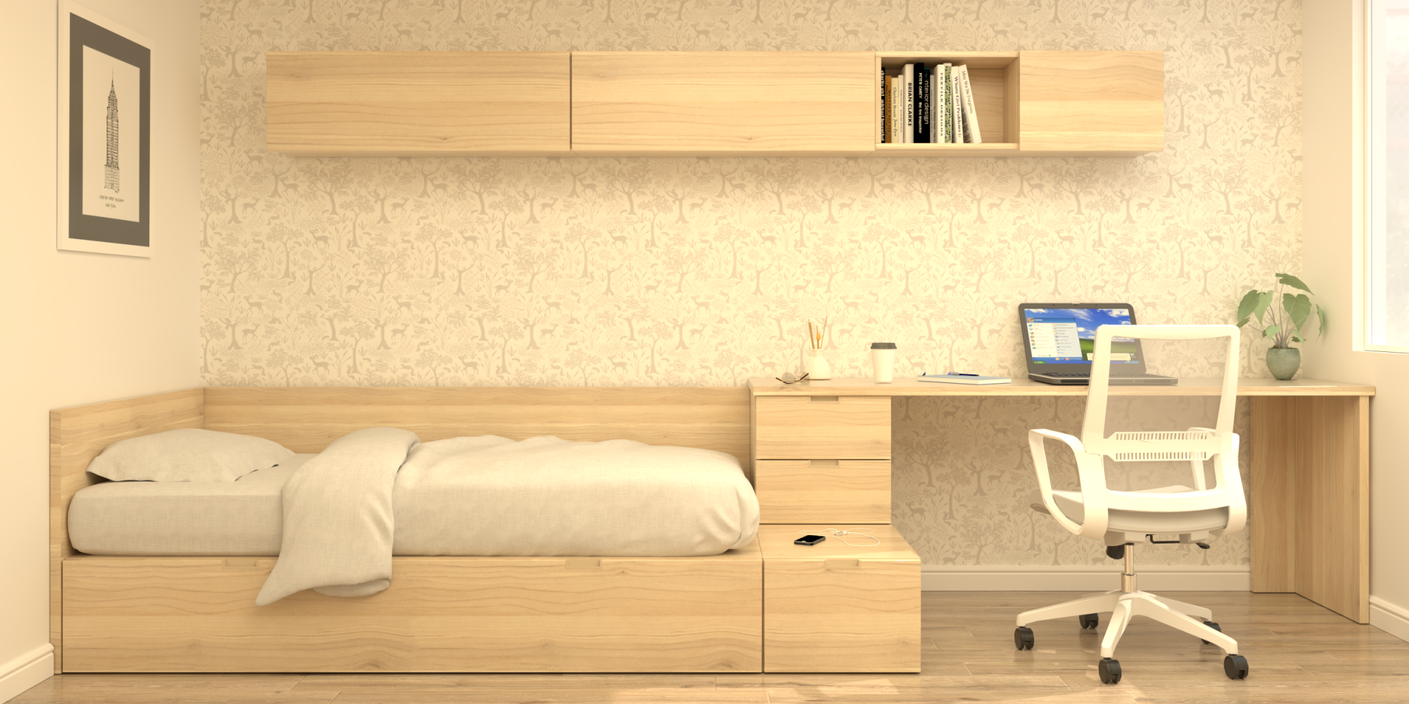 Solución modular CUBOX con cama extraíble, friso, escritorio y puente en madera | Habitación juvenil laminada