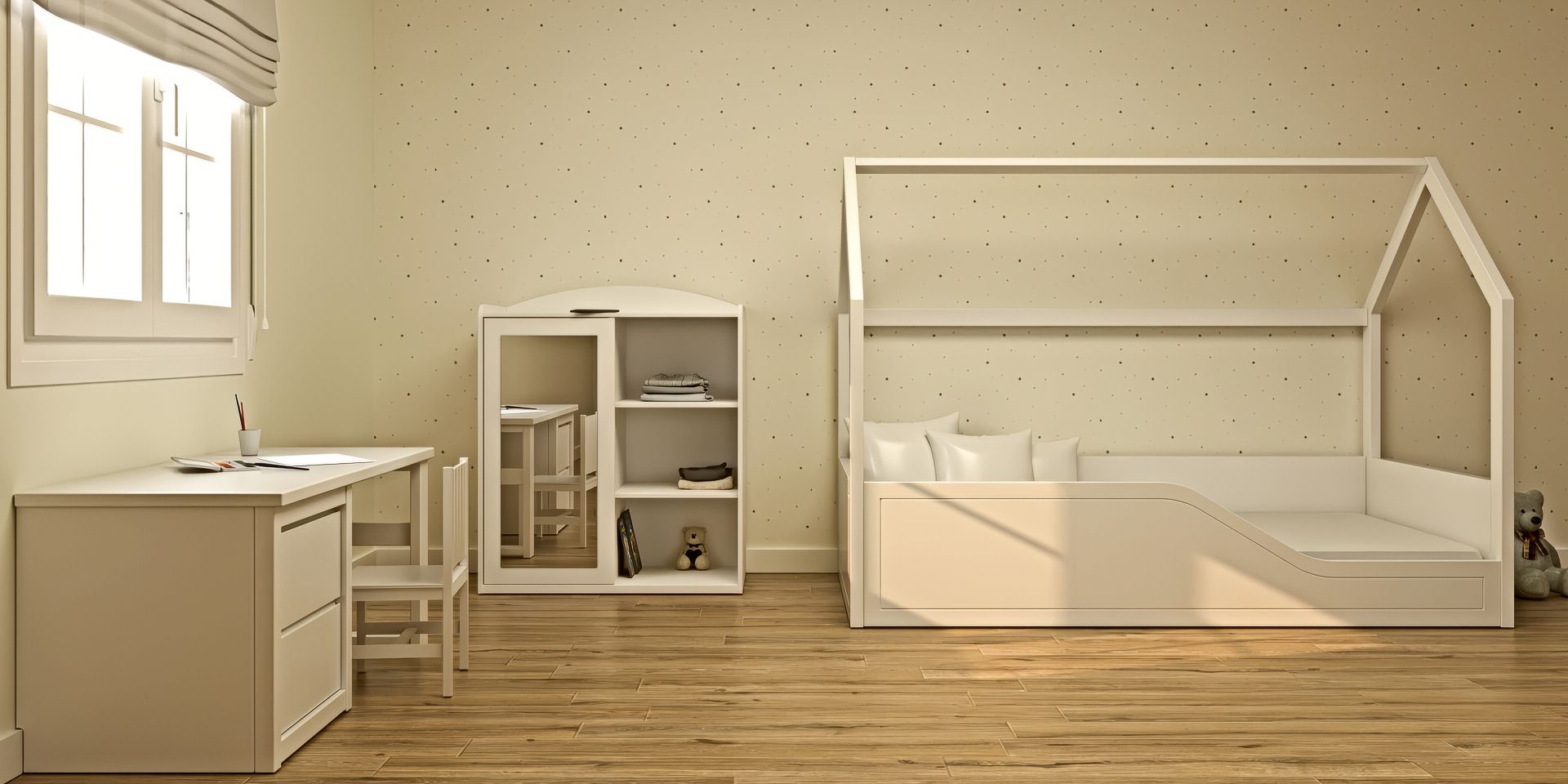 Cama nido plafón, armario con espejo y escritorio infantil | Camas Montessori