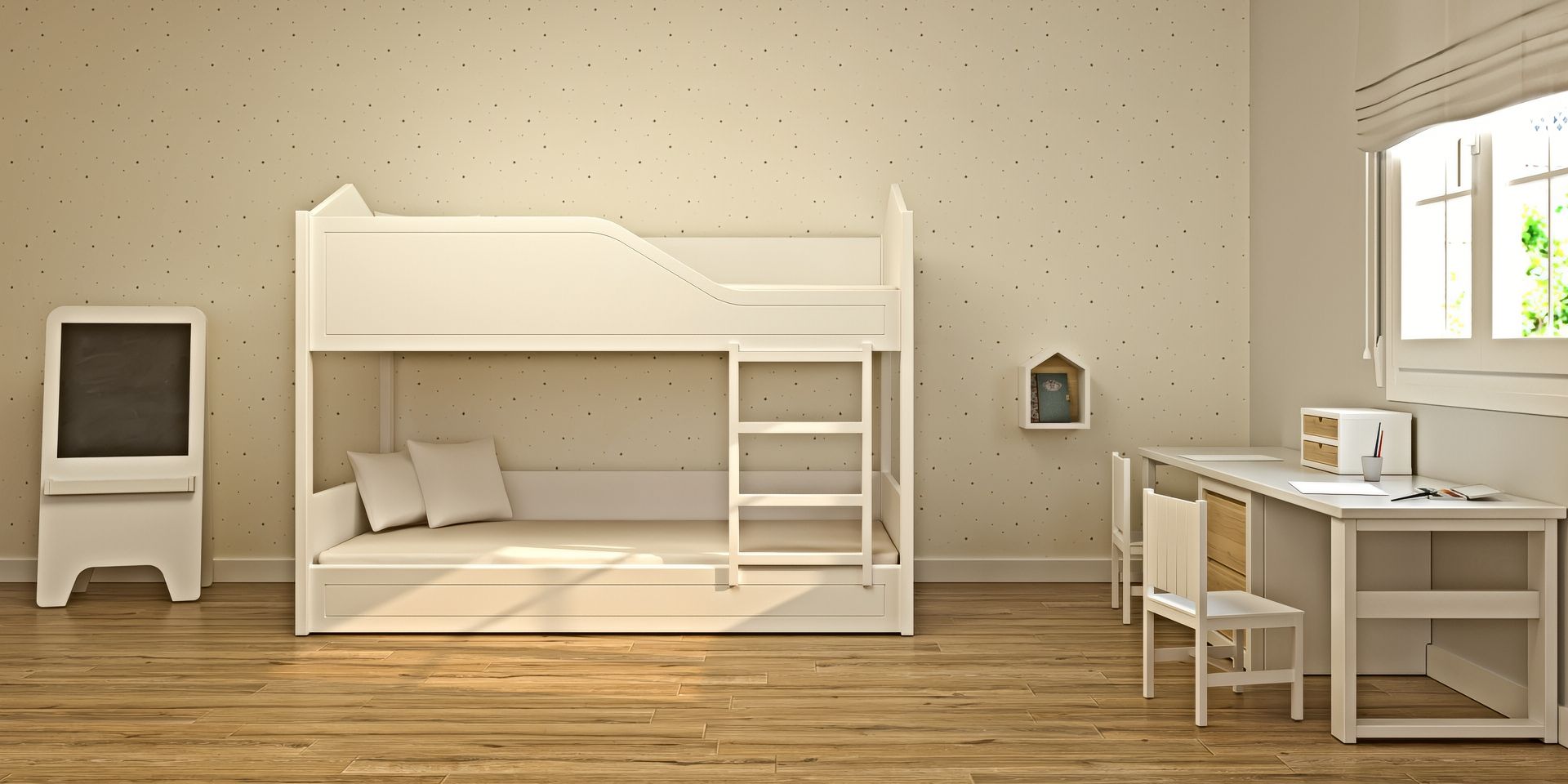 Litera con forma de casita, con zona de estudio y juegos, ideal para habitación infantil | Camas Montessori