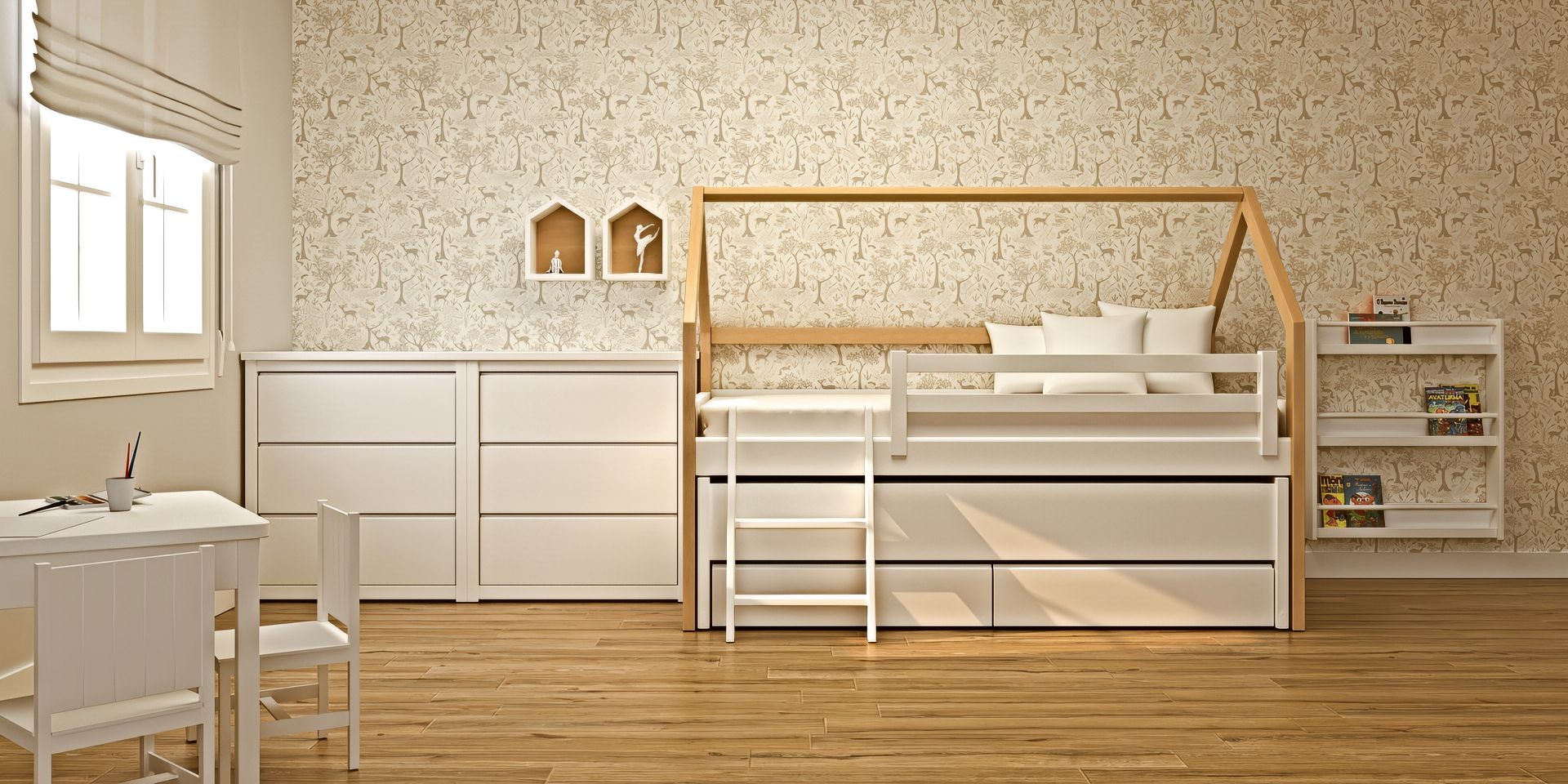 Cama nido con segunda cama inferior y cajones , 2 cómodas, baúl y mesa infantil, ideal para habitación infantil | Camas Montessori