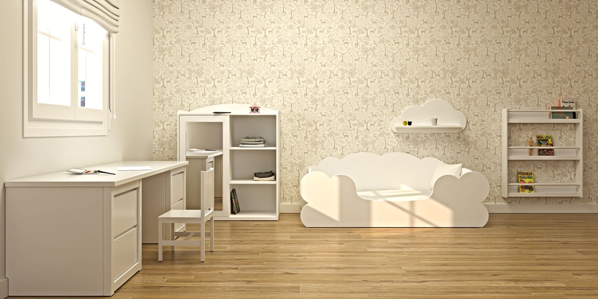 Cama nido nube infantil, con armario de puerta espejo y zona de estudio, ideal para habitaciones infantiles | Camas Montessori